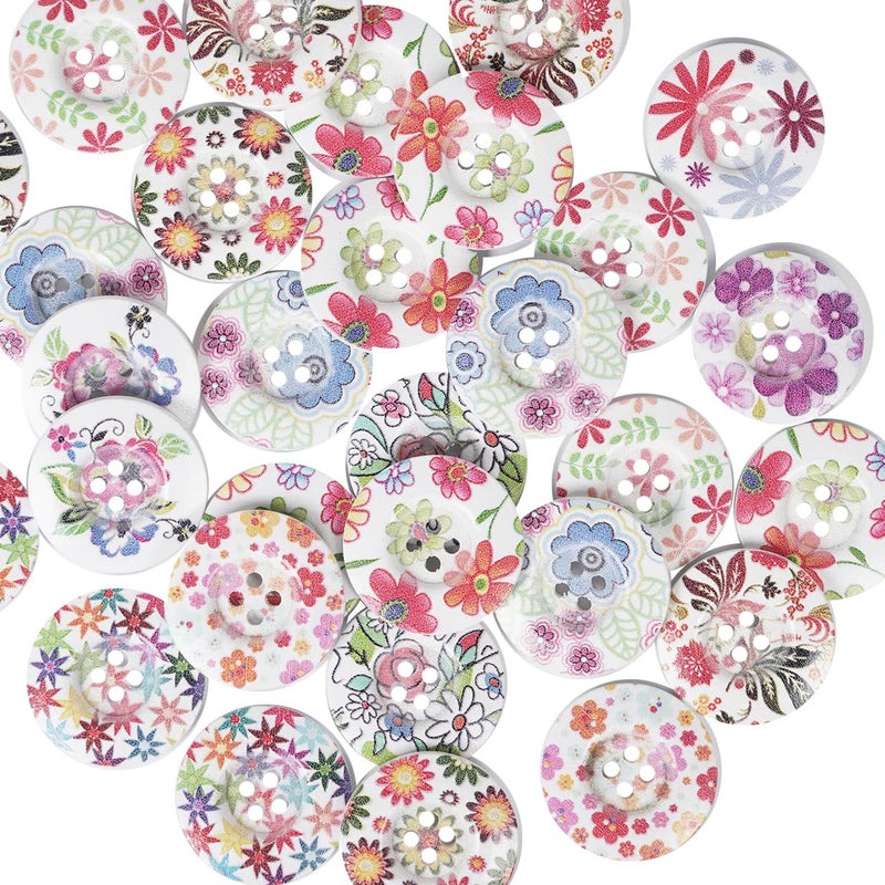Chenkou Craft 40pcs 1" (25mm) Round Flower Wood Buttons 4 Holes Craft Sewing Button (25mm) - Image 1